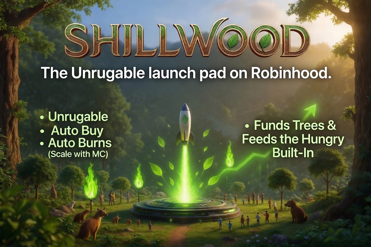 Shillwood — the Unrugable launch pad on Robinhood. A green rocket rising from a forest launch pad, funding trees and feeding the hungry.
